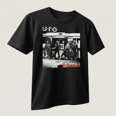 Illustrative UFO band design with bold colors and striking text — printed on a unisex t-shirt (angled view)
