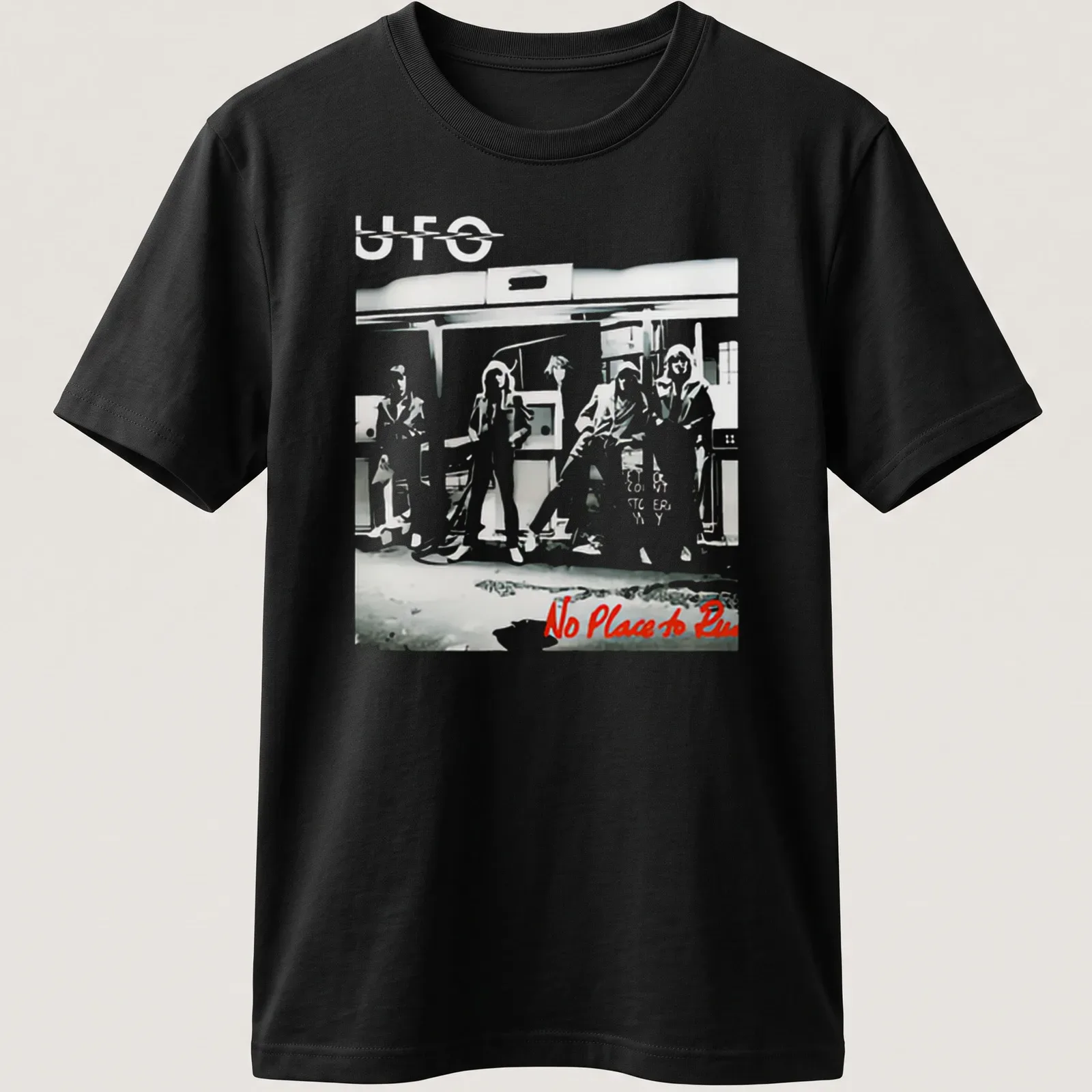 Illustrative UFO band design with bold colors and striking text — printed on a unisex t-shirt