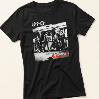 Illustrative UFO band design with bold colors and striking text — printed on a women's shirt