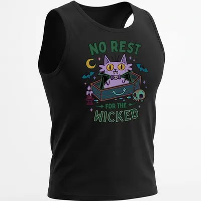 Kawaii style t-shirt featuring a cartoon cat in a coffin with colorful lettering — printed on a tank top