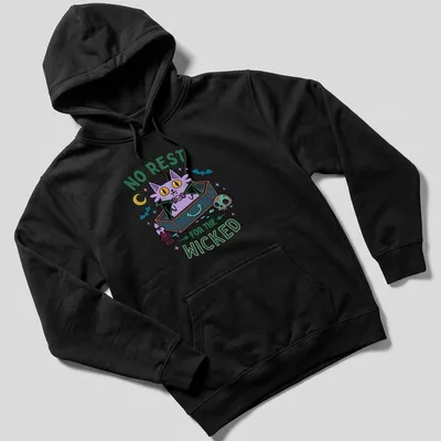 Kawaii style t-shirt featuring a cartoon cat in a coffin with colorful lettering — printed on a unisex hoodie