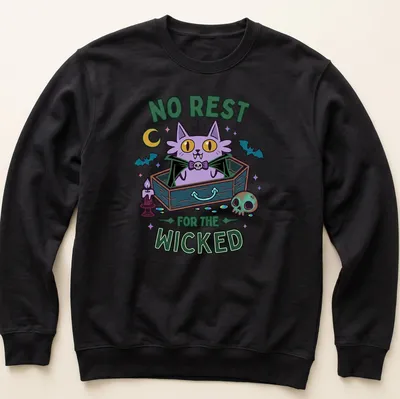 Kawaii style t-shirt featuring a cartoon cat in a coffin with colorful lettering — printed on a unisex sweatshirt