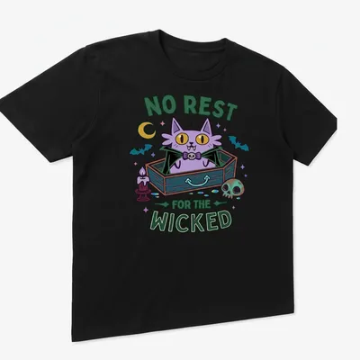 Kawaii style t-shirt featuring a cartoon cat in a coffin with colorful lettering — printed on a unisex t-shirt (angled view)