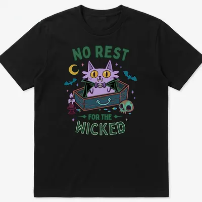 Kawaii style t-shirt featuring a cartoon cat in a coffin with colorful lettering