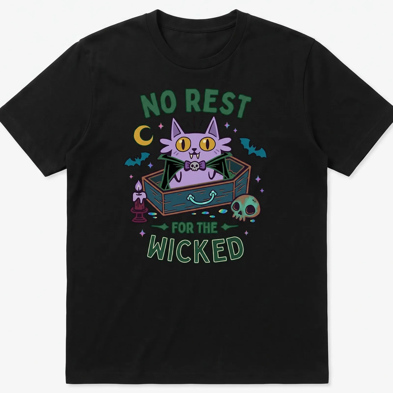 Kawaii style t-shirt featuring a cartoon cat in a coffin with colorful lettering — printed on a unisex t-shirt