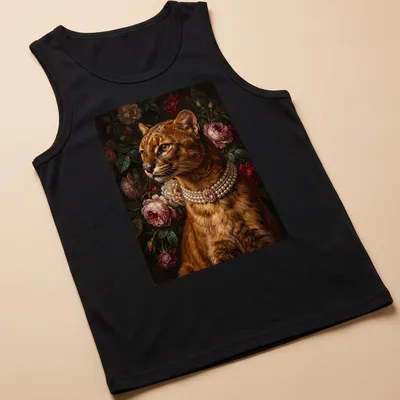 Realistic portrait of a jaguarundi with a pink gem brooch — printed on a tank top