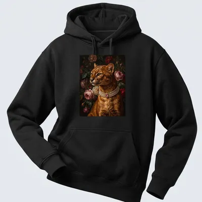 Realistic portrait of a jaguarundi with a pink gem brooch — printed on a unisex hoodie
