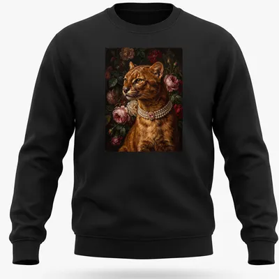 Realistic portrait of a jaguarundi with a pink gem brooch — printed on a unisex sweatshirt