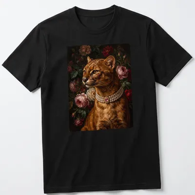 Realistic portrait of a jaguarundi with a pink gem brooch — printed on a unisex t-shirt
