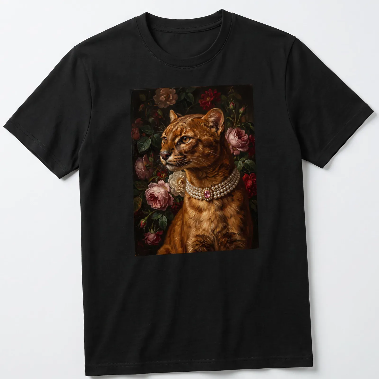 Realistic portrait of a jaguarundi with a pink gem brooch — printed on a unisex t-shirt
