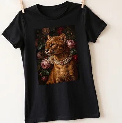 Realistic portrait of a jaguarundi with a pink gem brooch — printed on a women's shirt