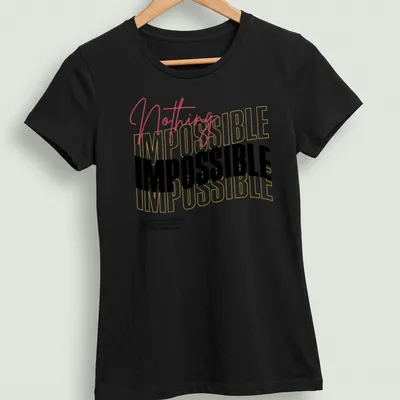 Retro wavy typography shirt with inspirational phrases in vibrant colors. — printed on a women's shirt