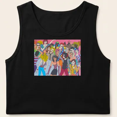Colorful pop art design of an 80's nightclub scene with vibrant colors. — printed on a tank top