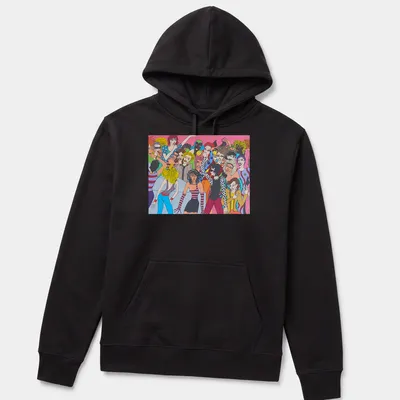 Colorful pop art design of an 80's nightclub scene with vibrant colors. — printed on a unisex hoodie