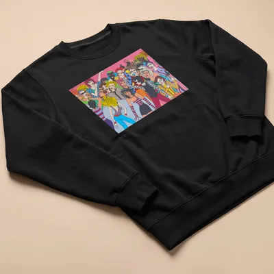 Colorful pop art design of an 80's nightclub scene with vibrant colors. — printed on a unisex sweatshirt