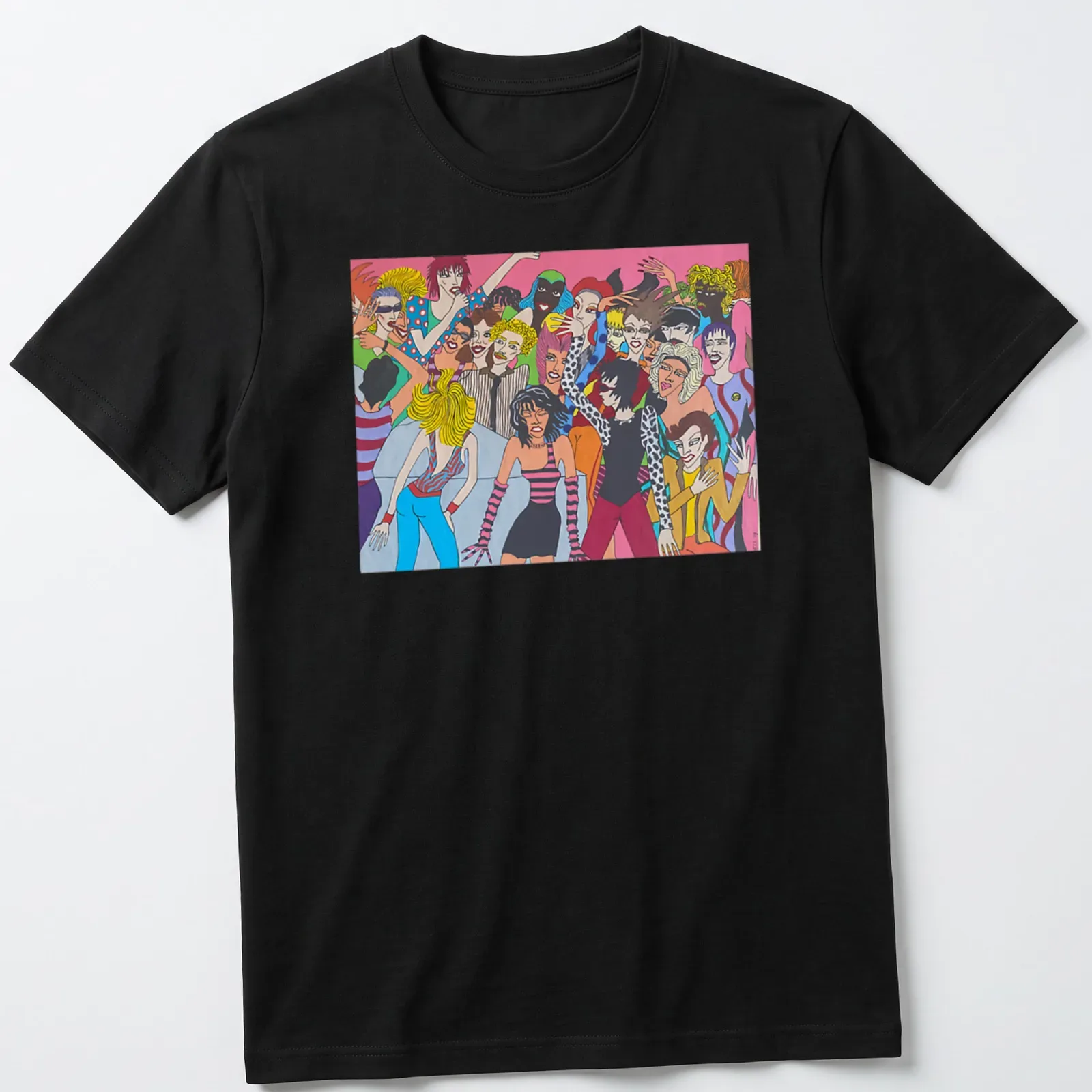 Colorful pop art design of an 80's nightclub scene with vibrant colors. — printed on a unisex t-shirt
