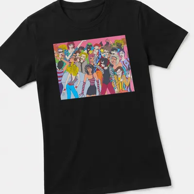 Colorful pop art design of an 80's nightclub scene with vibrant colors. — printed on a women's shirt