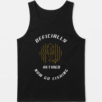 Line-art fish graphic with humorous retirement text in yellow — printed on a tank top