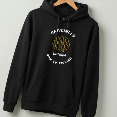 Line-art fish graphic with humorous retirement text in yellow — printed on a unisex hoodie