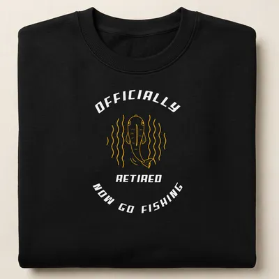 Line-art fish graphic with humorous retirement text in yellow — printed on a unisex sweatshirt