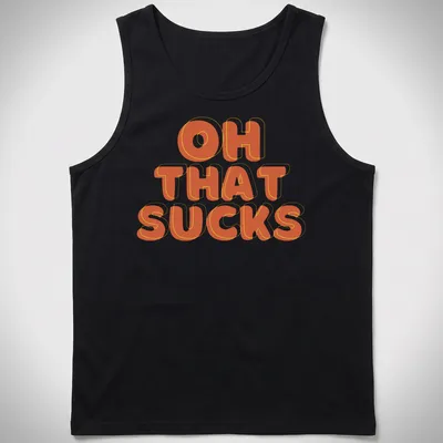 Retro-style t-shirt with orange and yellow text saying 'OH THAT SUCKS' — printed on a tank top