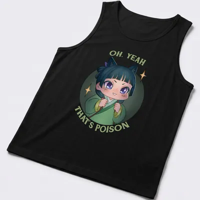 Cute anime girl t-shirt featuring the phrase 'OH, YEAH THAT'S POISON' in colorful kawaii style — printed on a tank top