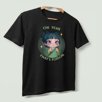 Cute anime girl t-shirt featuring the phrase 'OH, YEAH THAT'S POISON' in colorful kawaii style — printed on a unisex t-shirt (angled view)