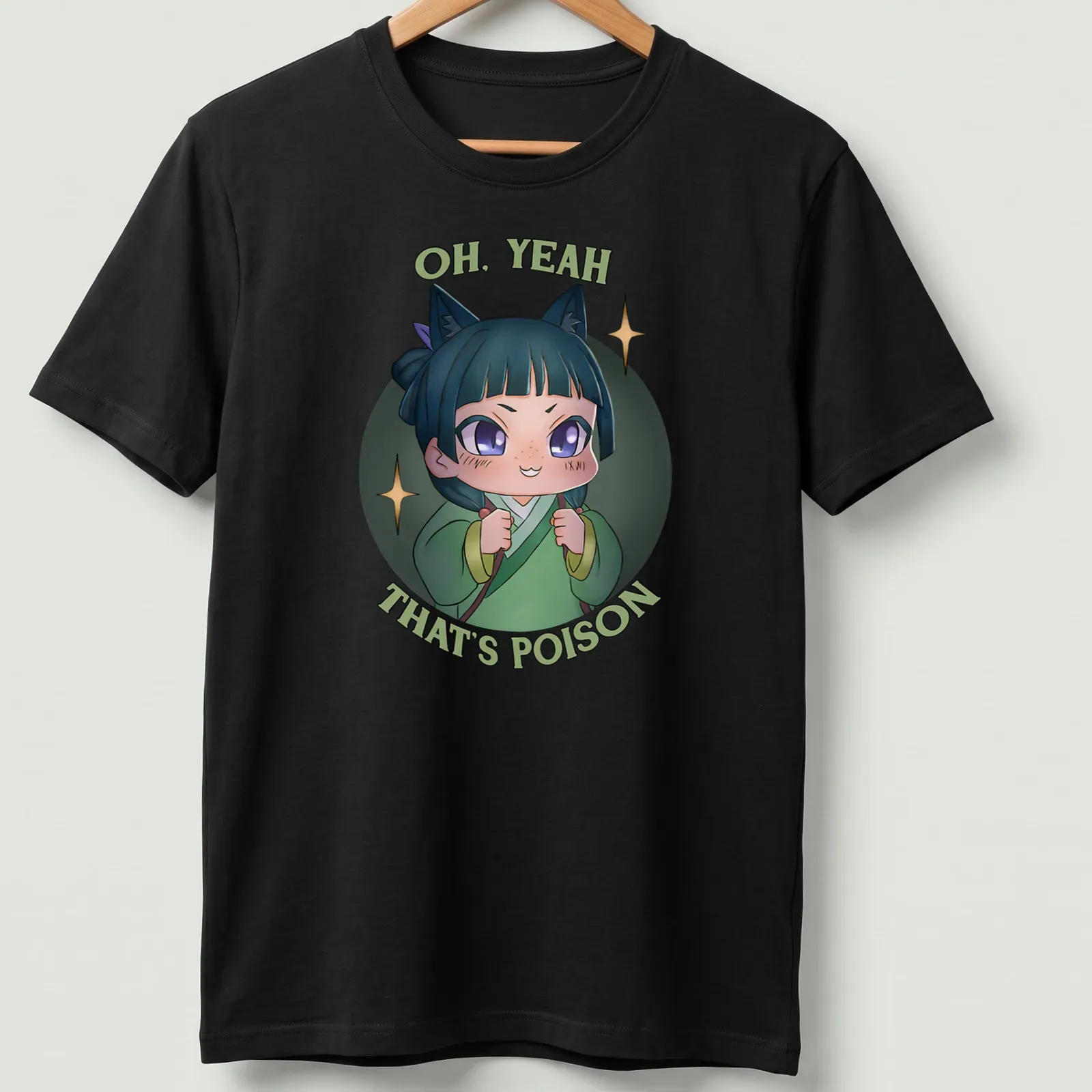 Cute anime girl t-shirt featuring the phrase 'OH, YEAH THAT'S POISON' in colorful kawaii style — printed on a unisex t-shirt