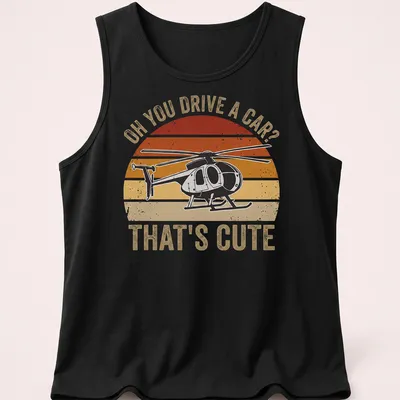 Retro distressed T-shirt with sarcastic text and helicopter graphic in orange and cream — printed on a tank top