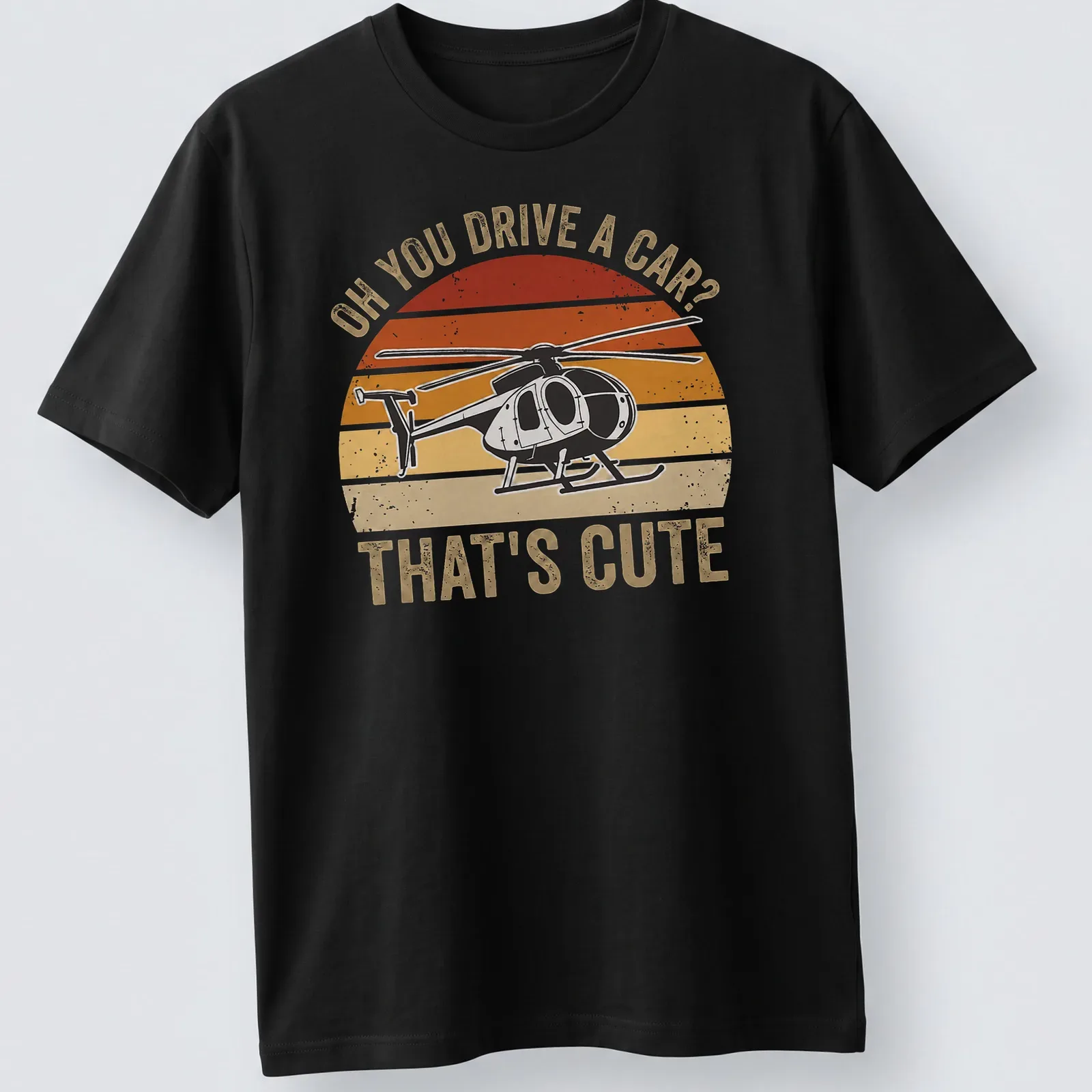 Retro distressed T-shirt with sarcastic text and helicopter graphic in orange and cream — printed on a unisex t-shirt