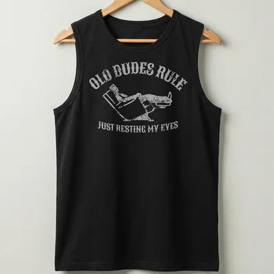 Vintage distressed t-shirt with a reclining man and humorous text about resting eyes — printed on a tank top