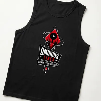 Bold graphic T-shirt featuring geometric design with star and mountains in red, black, and white. — printed on a tank top