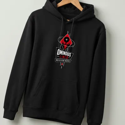 Bold graphic T-shirt featuring geometric design with star and mountains in red, black, and white. — printed on a unisex hoodie