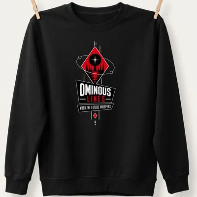 Bold graphic T-shirt featuring geometric design with star and mountains in red, black, and white. — printed on a unisex sweatshirt
