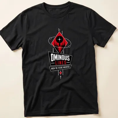 Bold graphic T-shirt featuring geometric design with star and mountains in red, black, and white.