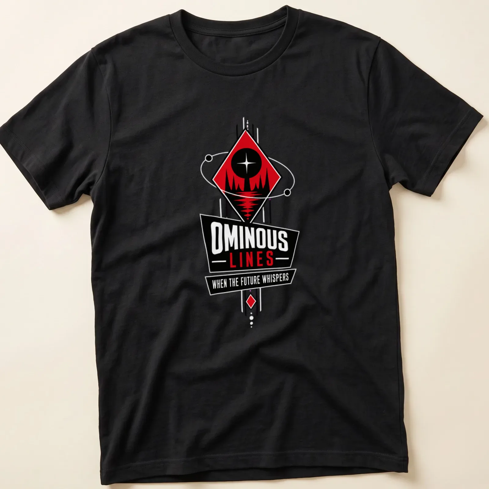 Bold graphic T-shirt featuring geometric design with star and mountains in red, black, and white. — printed on a unisex t-shirt