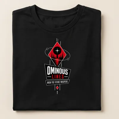 Bold graphic T-shirt featuring geometric design with star and mountains in red, black, and white. — printed on a women's shirt