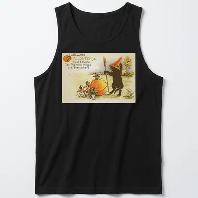 Vintage illustration of a black cat in a witch hat surrounded by mice with Halloween text — printed on a tank top
