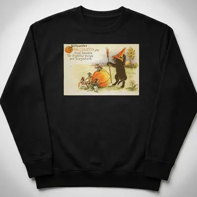 Vintage illustration of a black cat in a witch hat surrounded by mice with Halloween text — printed on a unisex sweatshirt