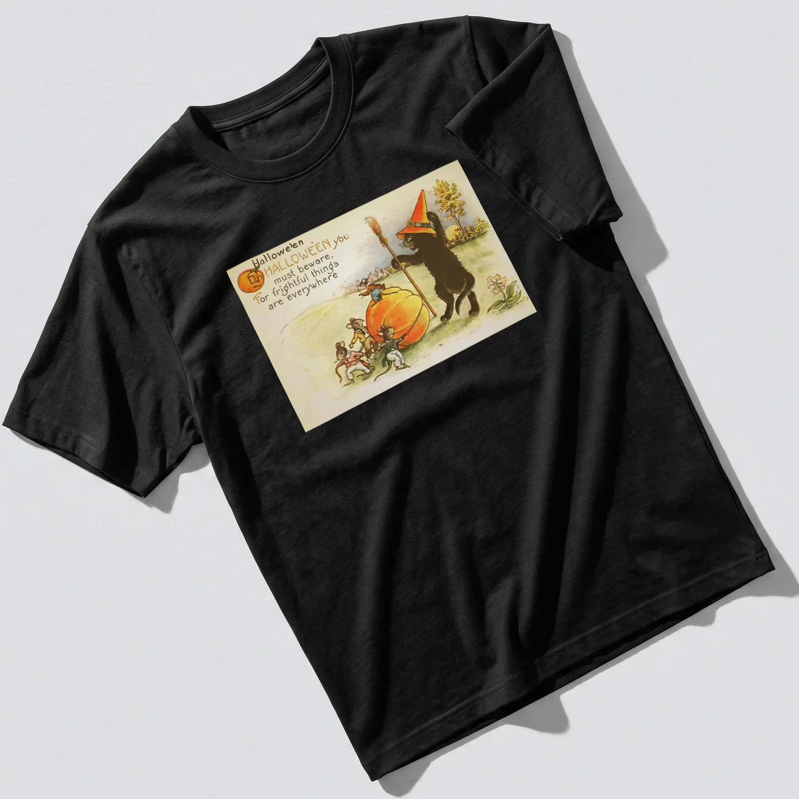 Vintage illustration of a black cat in a witch hat surrounded by mice with Halloween text — printed on a unisex t-shirt