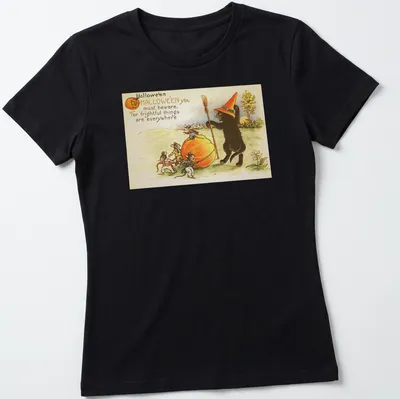 Vintage illustration of a black cat in a witch hat surrounded by mice with Halloween text — printed on a women's shirt