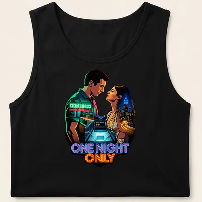 Digital artwork of a couple in a romantic city scene with vibrant colors — printed on a tank top