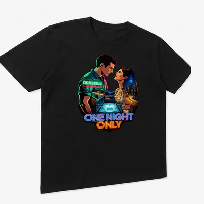 Digital artwork of a couple in a romantic city scene with vibrant colors — printed on a unisex t-shirt (angled view)