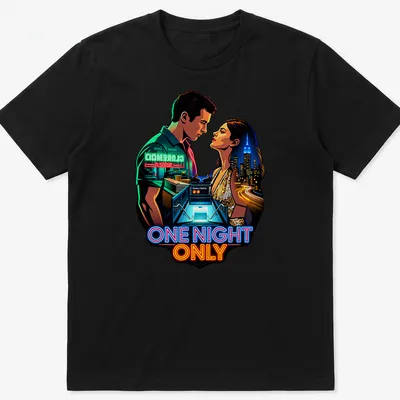 Digital artwork of a couple in a romantic city scene with vibrant colors — printed on a unisex t-shirt