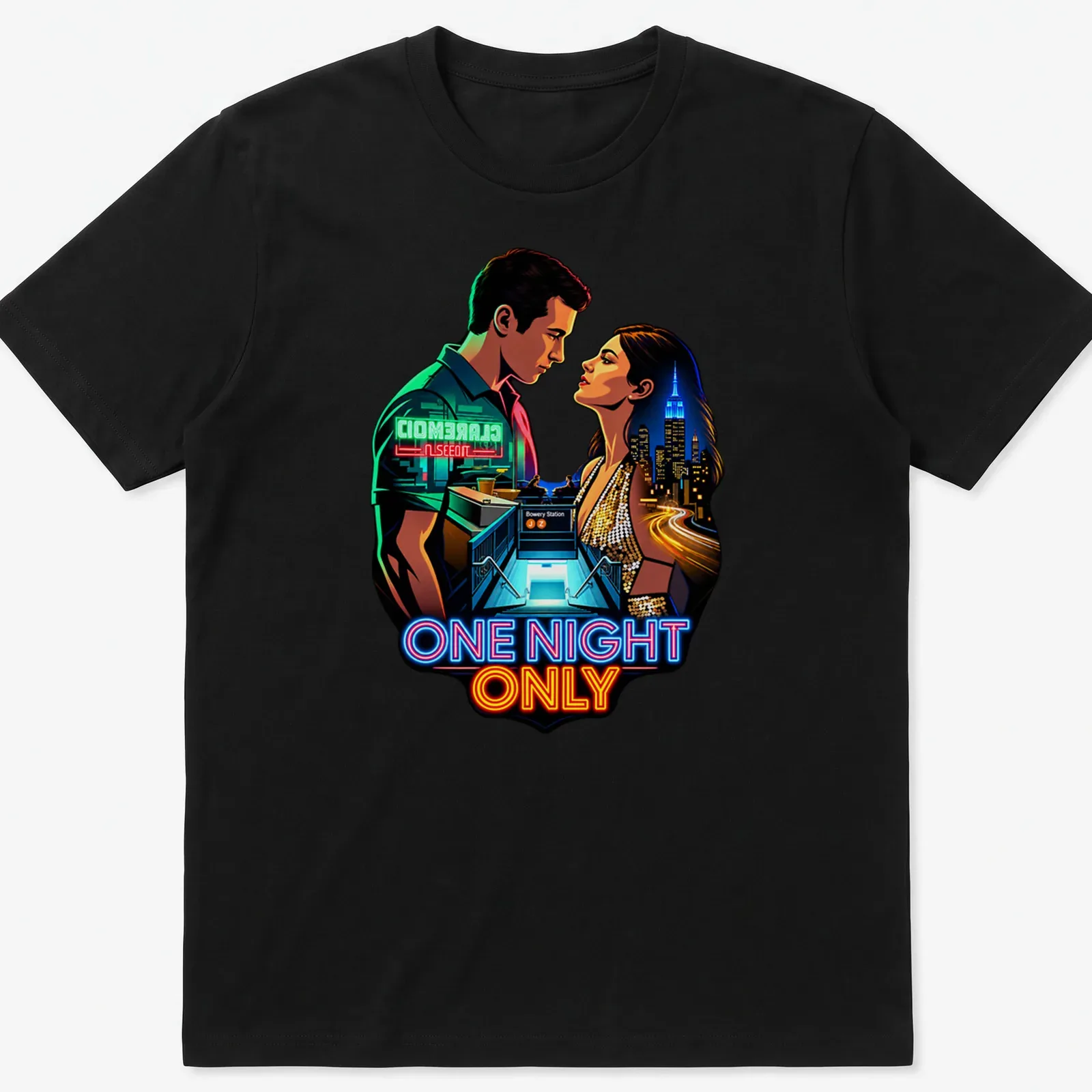 Digital artwork of a couple in a romantic city scene with vibrant colors — printed on a unisex t-shirt
