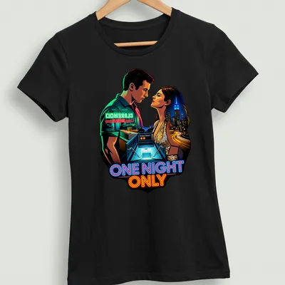 Digital artwork of a couple in a romantic city scene with vibrant colors — printed on a women's shirt