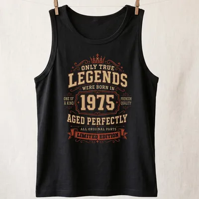 Vintage ornate T-shirt with gold and red text celebrating 1975 legends — printed on a tank top