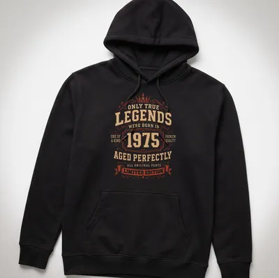 Vintage ornate T-shirt with gold and red text celebrating 1975 legends — printed on a unisex hoodie