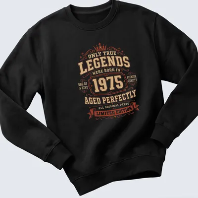 Vintage ornate T-shirt with gold and red text celebrating 1975 legends — printed on a unisex sweatshirt