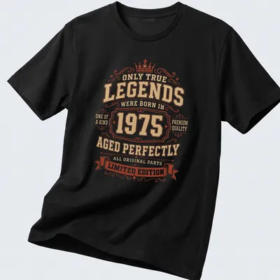 Vintage ornate T-shirt with gold and red text celebrating 1975 legends
